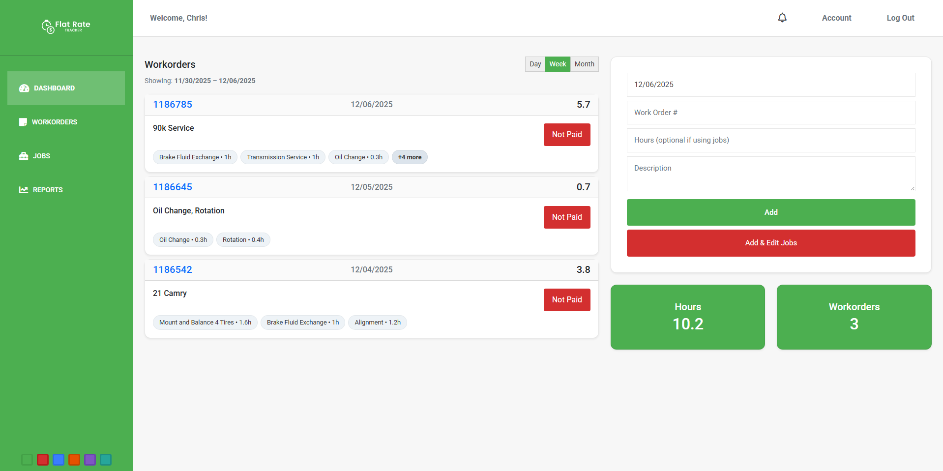 Flat Rate Tracker dashboard